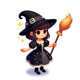 Witch holding a broom and casting a magical cleaning spell