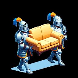 Two medieval knights in armor carrying a sofa