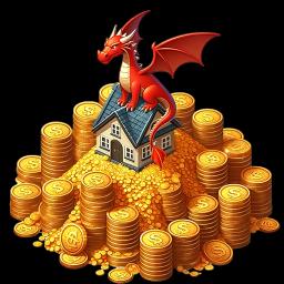 Dragon guarding a house and sitting on a pile of gold coins