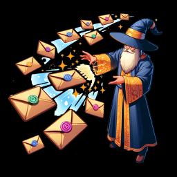 Wizard casting a spell to make envelopes fly through the air