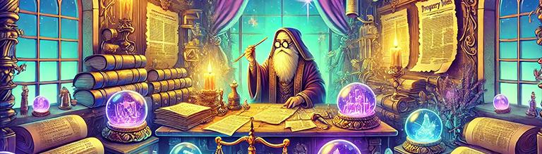 Wizard searching his desk of legal documents