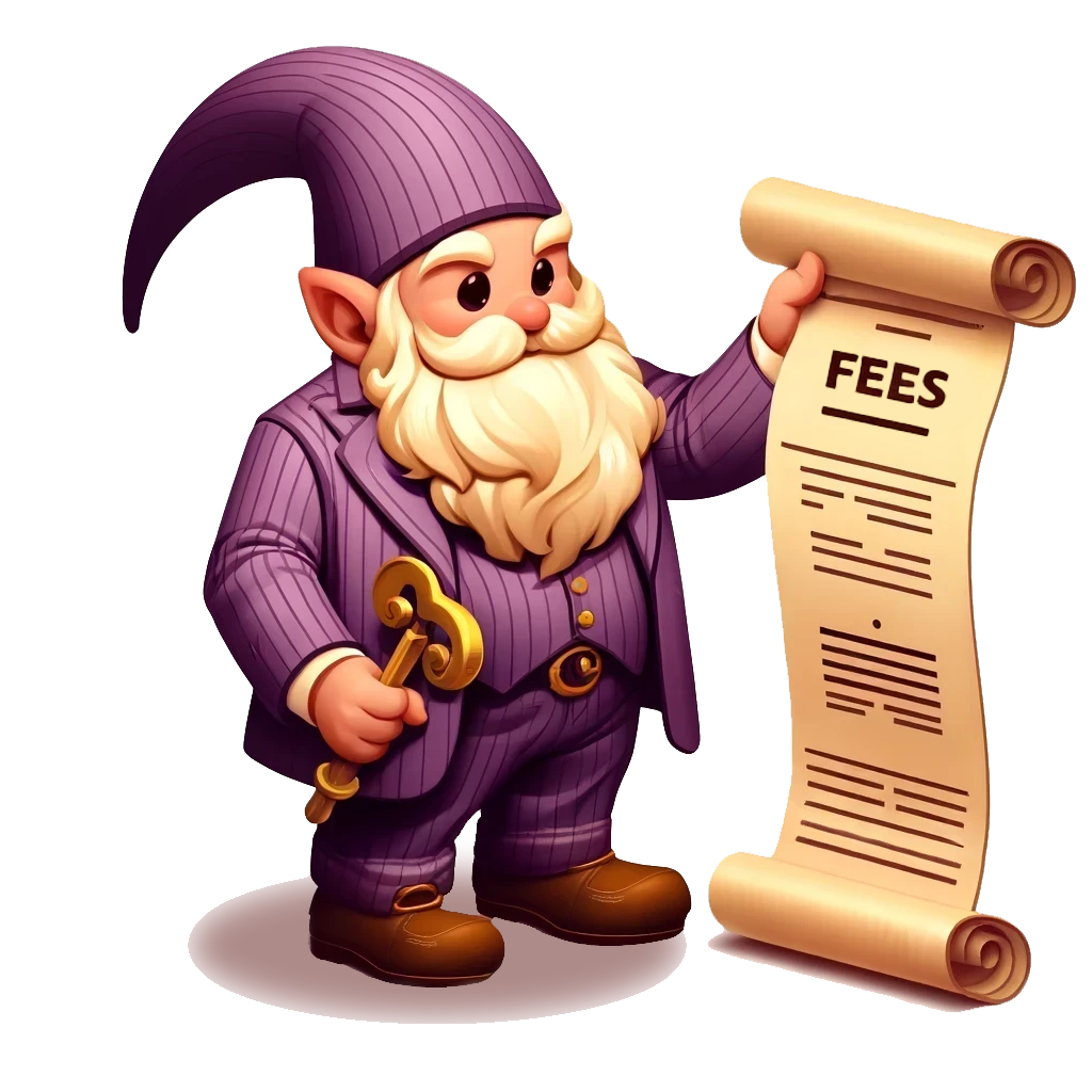 A fantasy gnome mortgage broker wearing a purple pinstriped suit